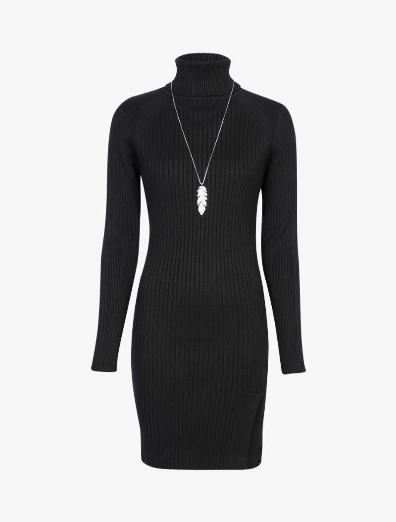 Robe-pull côtelée à bord fendu - noir - 1