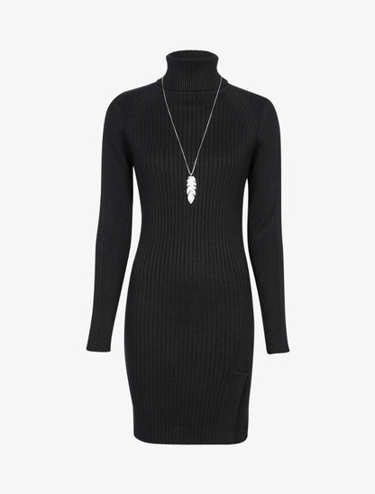 Robe-pull côtelée à bord fendu - noir - 1