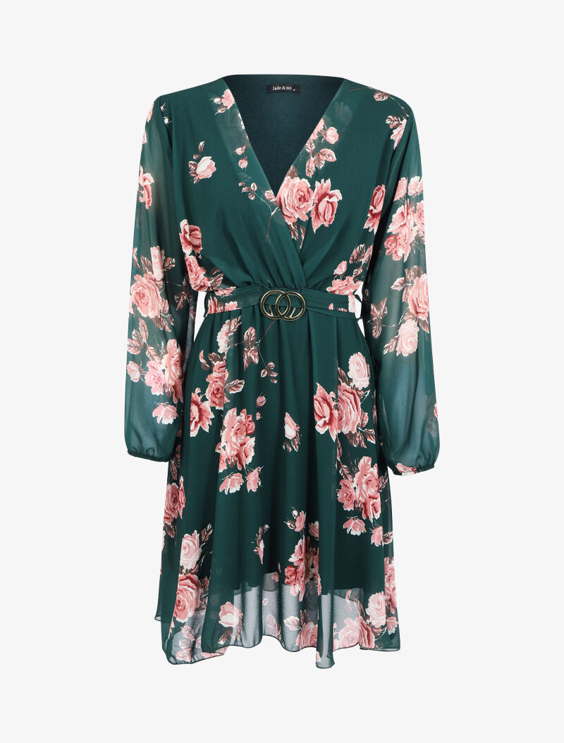 Robe fleurie à ceinture intégrée - vert foncé - 1