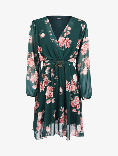 Robe fleurie à ceinture intégrée - vert foncé - 1