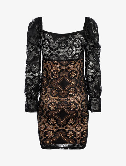 Robe en broderie fleurie - noir/camel - 2