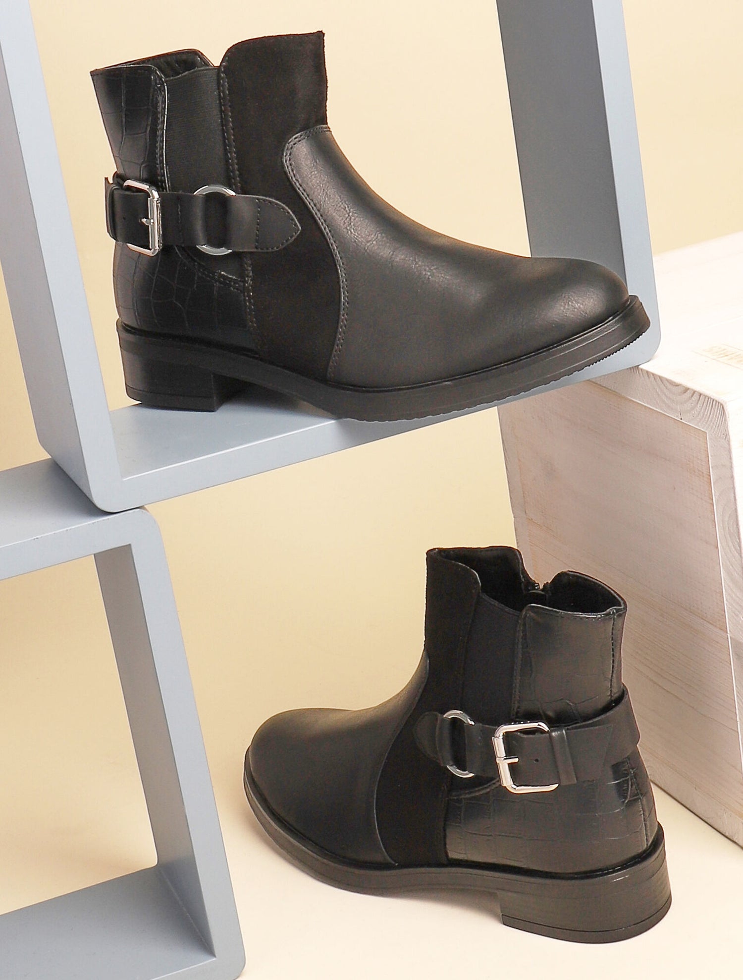 Boots bimatière basses à contrefort croco - noir - 1