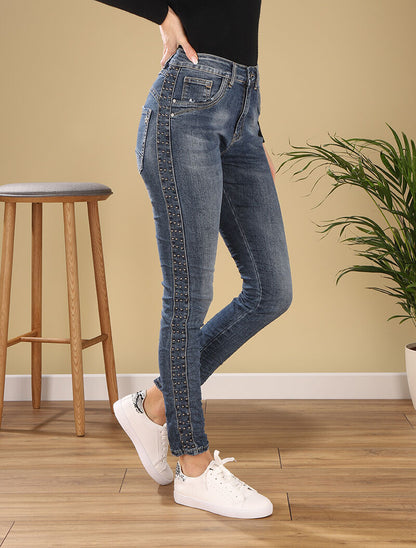Jean à côtés stylisés à billes - denim foncé - 1