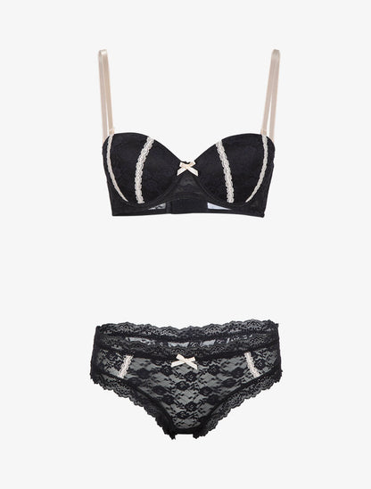 Ensemble emboitant en dentelle à bandes contrastantes - noir - 1