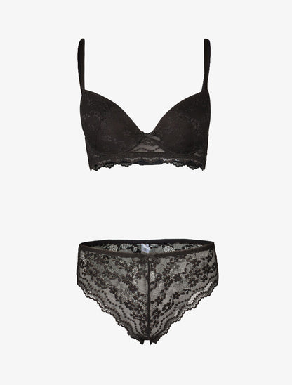 Ensemble push up en dentelle fleurie - noir - 3