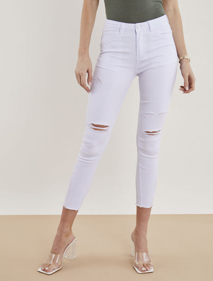 Jean 7/8 skinny effet déchiré destroy - blanc