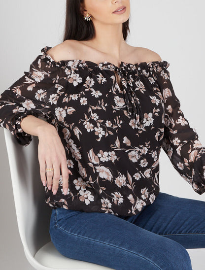 Blouse à col bardot à imprimé floral - noir - 1