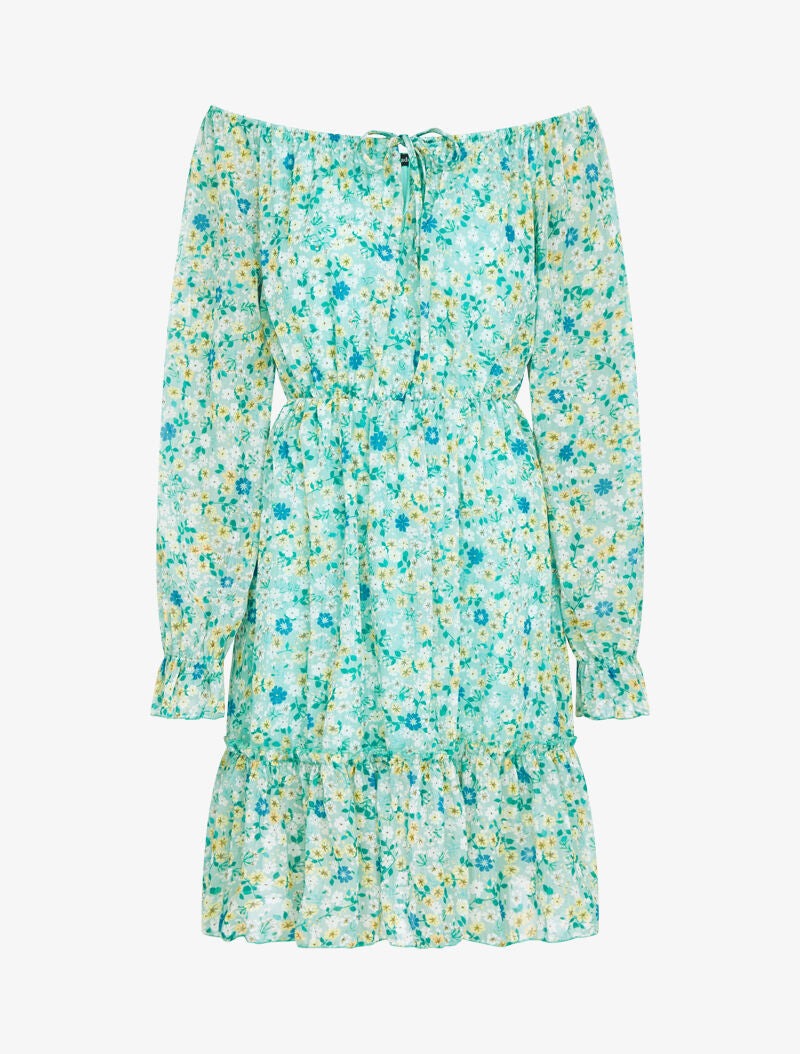 Robe fleurie à col bardot - vert d&