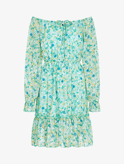 Robe fleurie à col bardot - vert d&