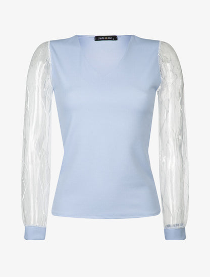 Top uni à manches en tulle - bleu ciel - 1