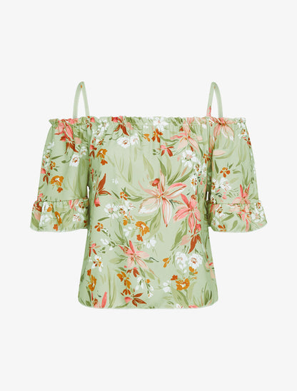 Top fleuri à épaules dénudées - vert - 3