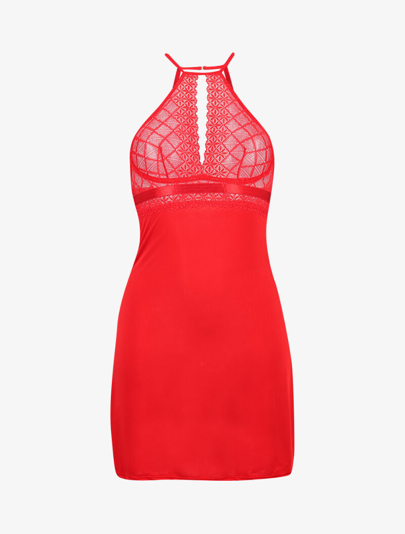 Nuisette à col américain en dentelle ajourée - rouge - 3