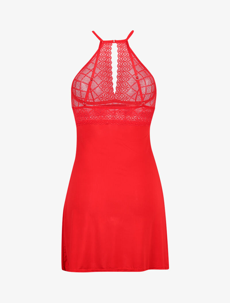 Nuisette à col américain en dentelle ajourée - rouge - 2