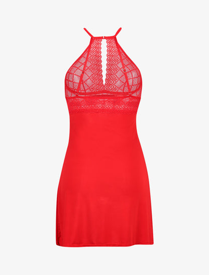 Nuisette à col américain en dentelle ajourée - rouge - 2