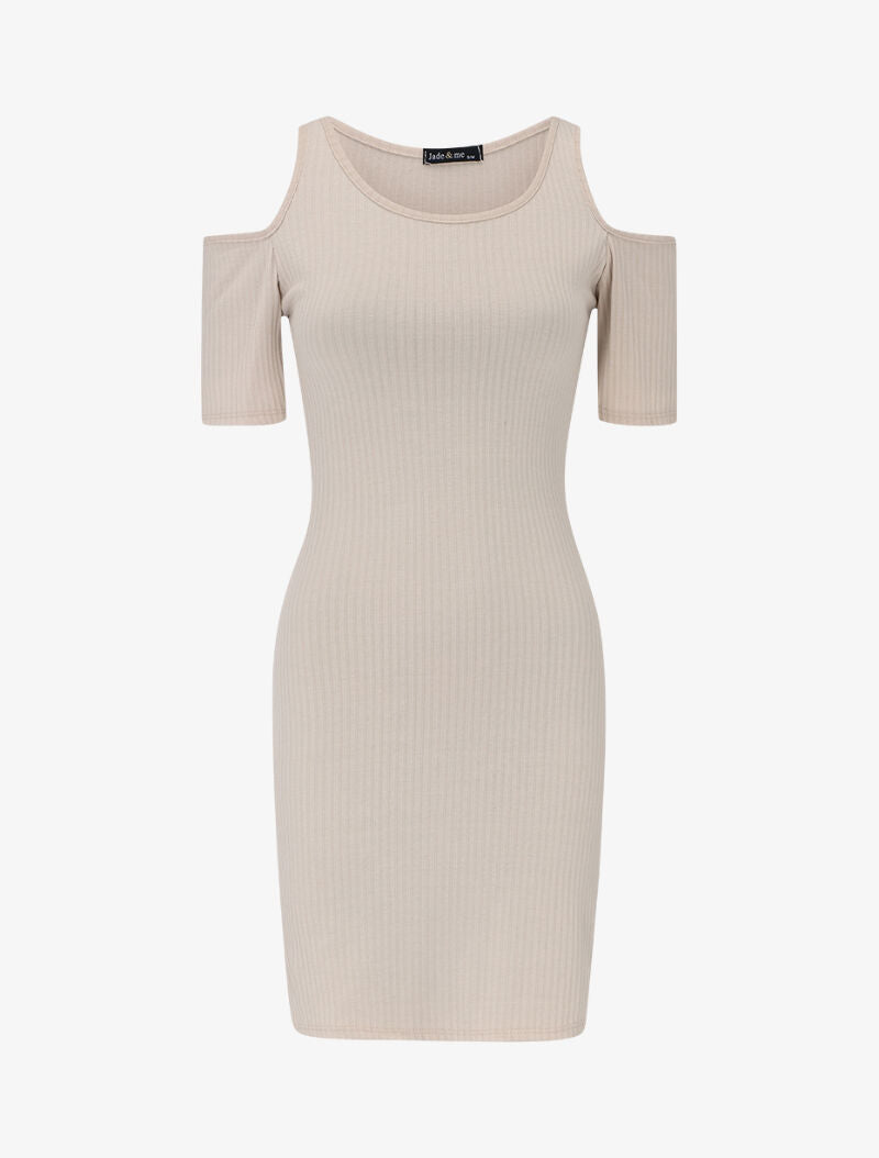 Robe côtelée à épaules nues - beige - 3