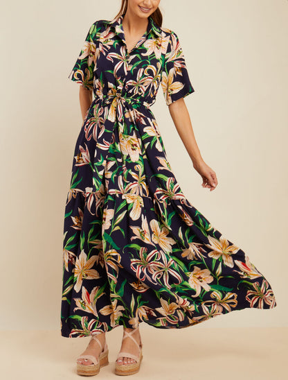 Robe longue imprimé fleurs de lys - marine - 1