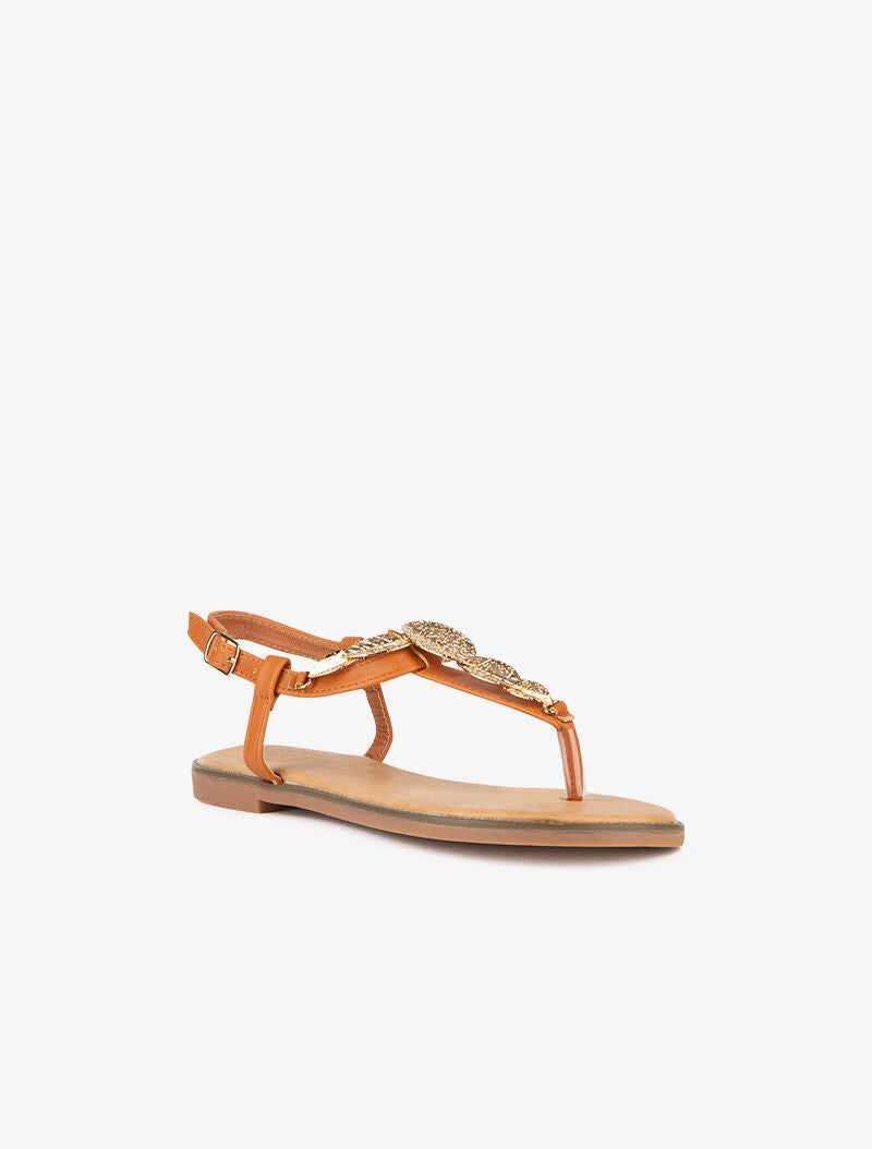 Nu-pieds ornés de feuilles dorées - camel - 2