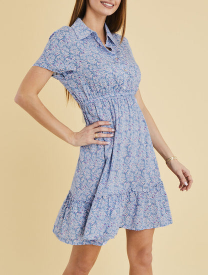 Robe printanière à col à pied et buste boutonné - bleu clair - 1