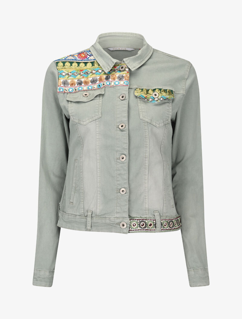 Veste en jean ornée de sequins et broderie - kaki - 2