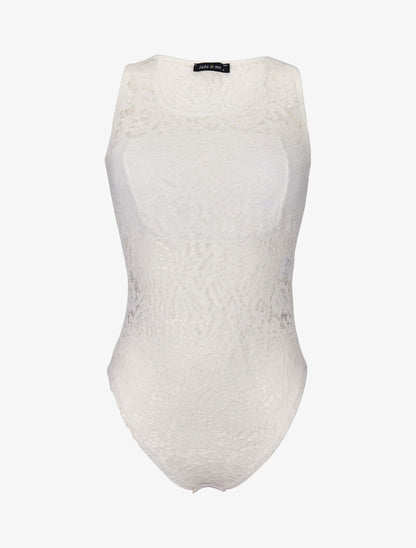 Body à bande opaque dentelle ajourée - blanc - 1