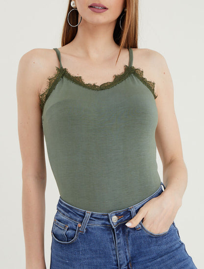 Body basique à col V dentelle - kaki - 4