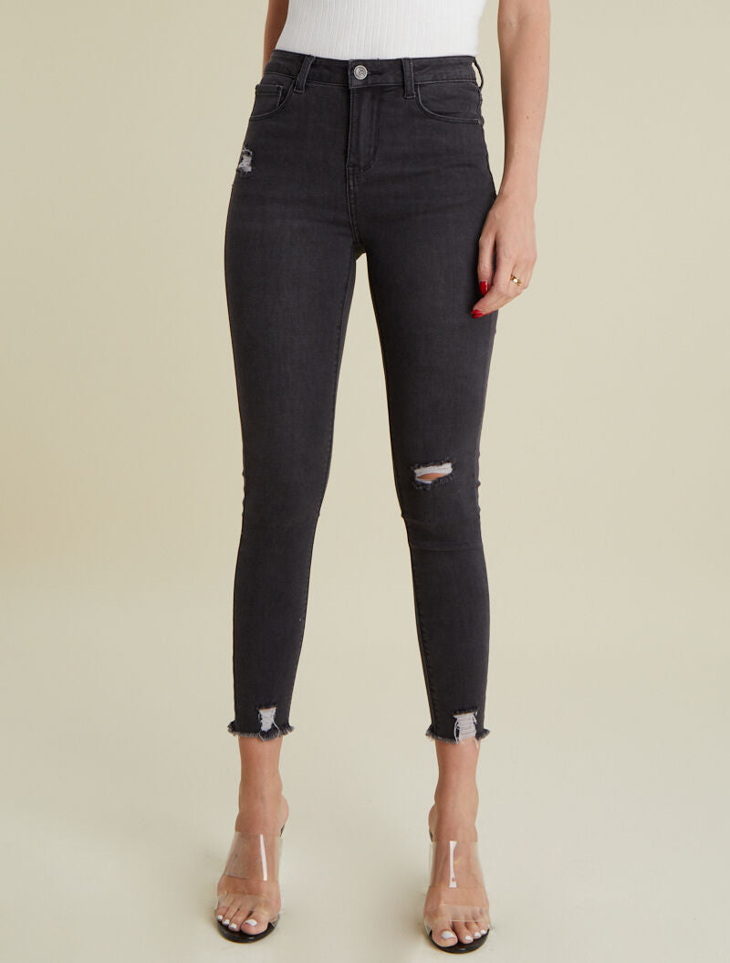 Jean skinny 7/8 effet destroy - anthracite
