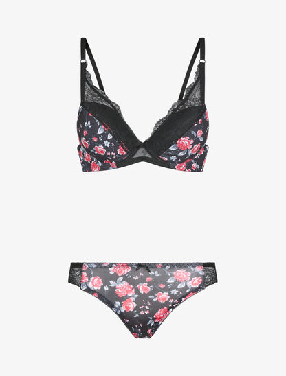 Ensemble imprimé fleurs et dentelle - noir - 1