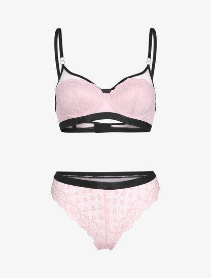 Ensemble dentelle et bandes contrastées - rose - 1