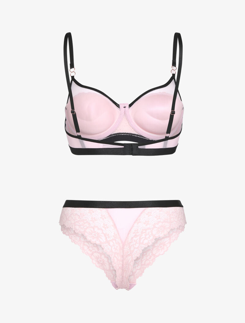 Ensemble dentelle et bandes contrastées - rose - 2
