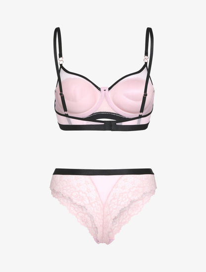 Ensemble dentelle et bandes contrastées - rose - 2