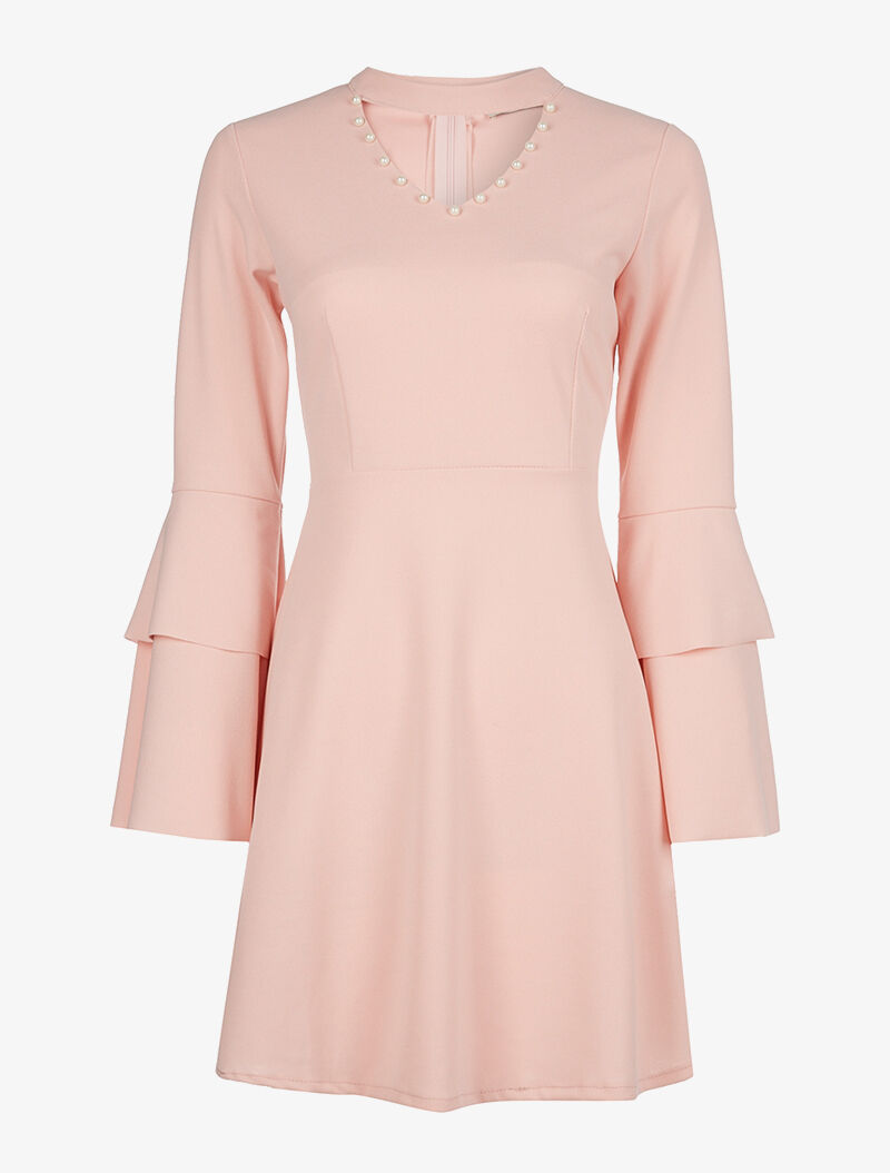 Robe volantée col perlé - rose - 1