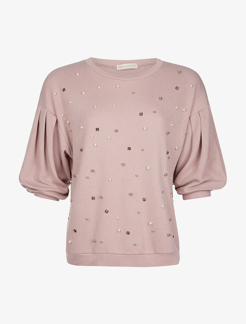 Pull perlé manches bouffantes - rose - 1
