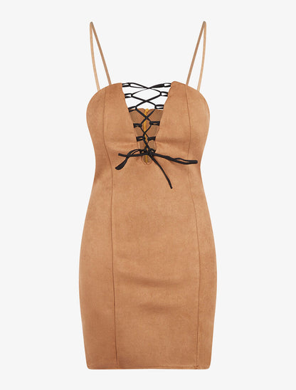 Robe daim buste lacer - camel - 4