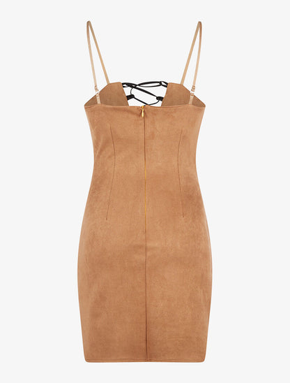 Robe daim buste lacer - camel - 5