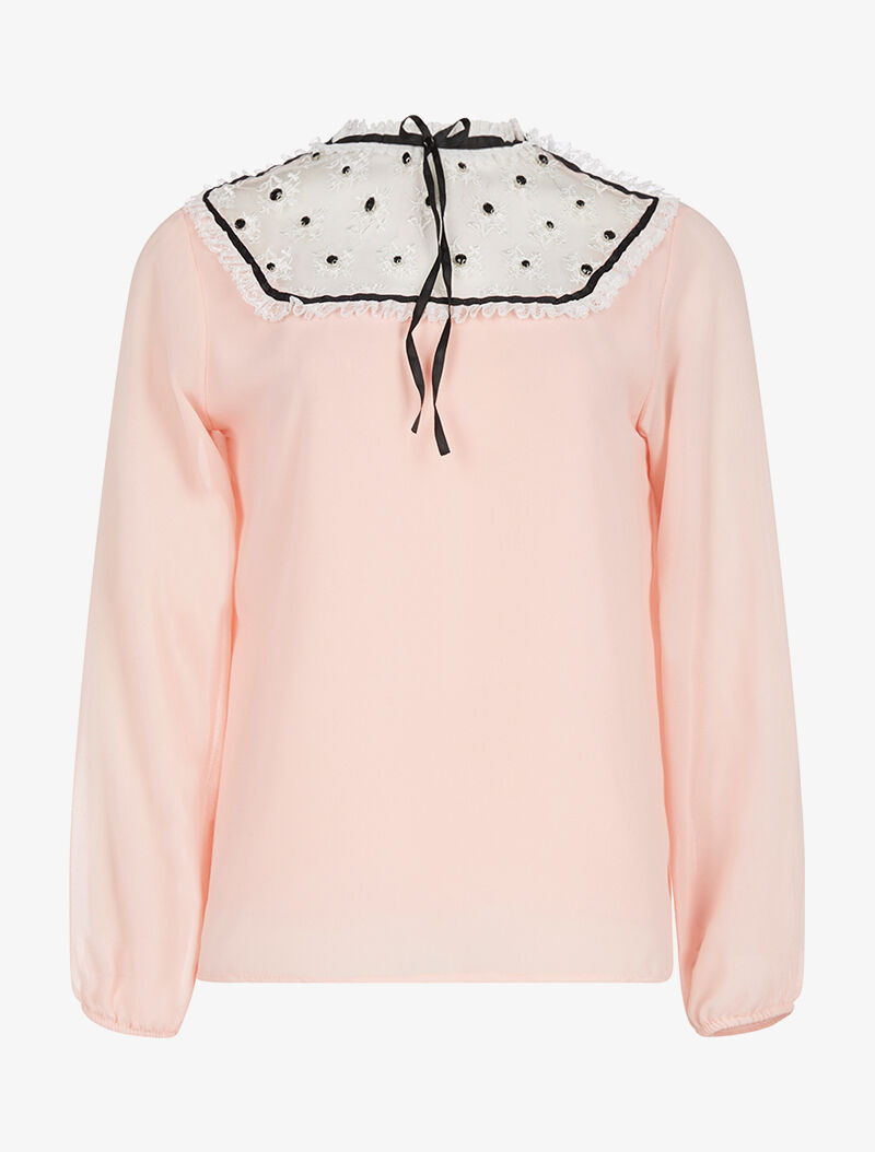 Blouse buste ajouré dentelle plissée - rose - 1