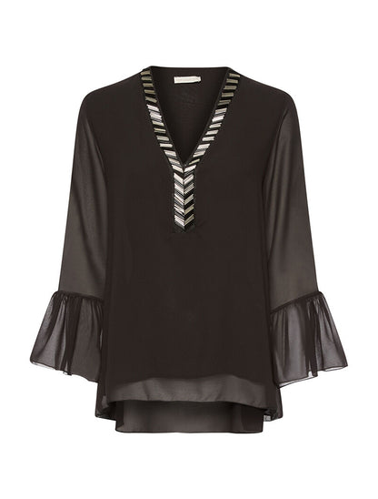 Blouse doublé col V perlé - noir - 1