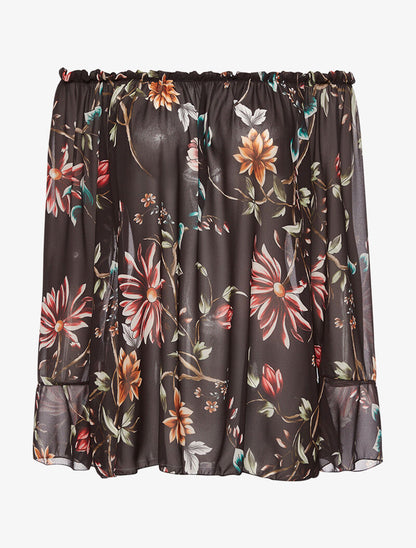 Blouse imprimée col élastiqué - noir - 1