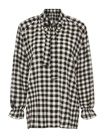 Blouse à carreaux col à nouer - noir - 1