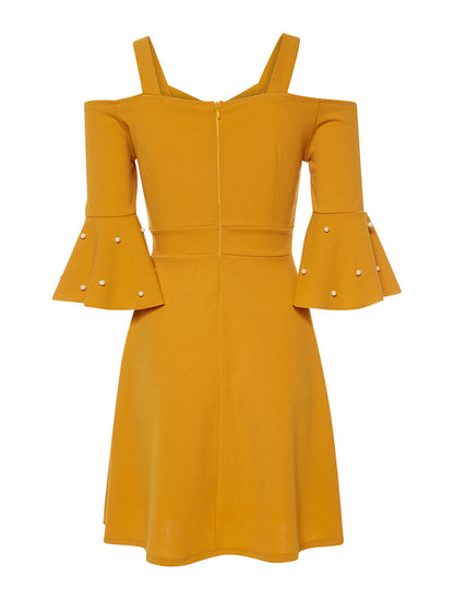Robe manches 3/4 perlées - moutarde