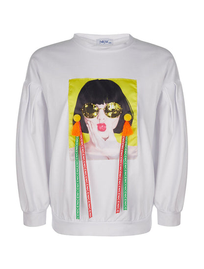 Sweat imprimé manches bouffantes - blanc - 1