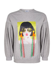 Sweat imprimé manches bouffantes - gris chiné - 1
