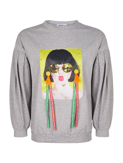 Sweat imprimé manches bouffantes - gris chiné - 1