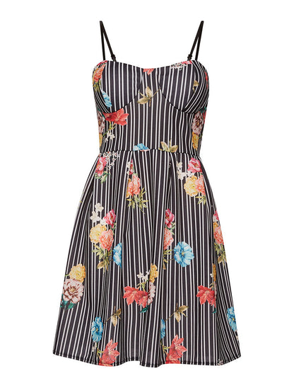 Robe imprimée rayures et fleurs - noir/blanc - 6