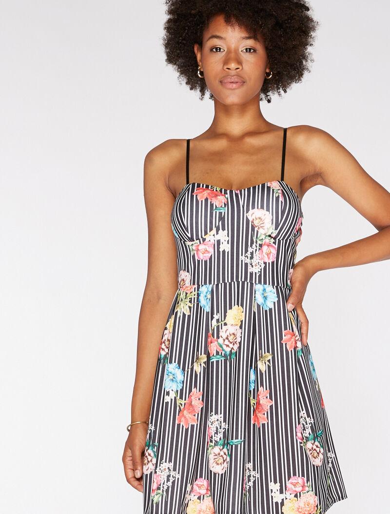 Robe imprimée rayures et fleurs - noir/blanc - 2