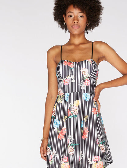 Robe imprimée rayures et fleurs - noir/blanc - 2
