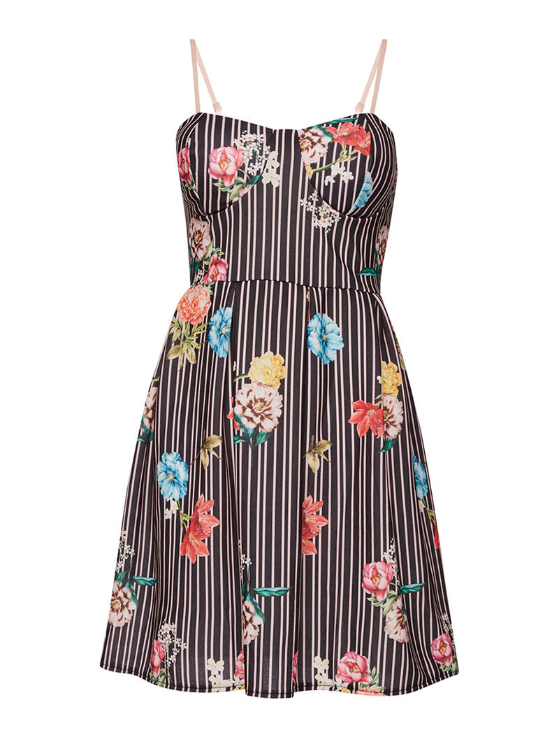 Robe imprimée rayures et fleurs - noir/rose - 1