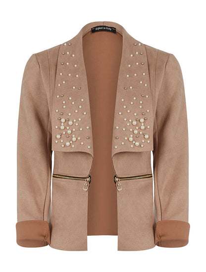 Veste revers de col perlé - beige - 1