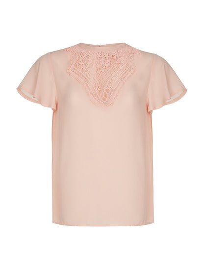 Top voile plastron dentelle - rose - 3