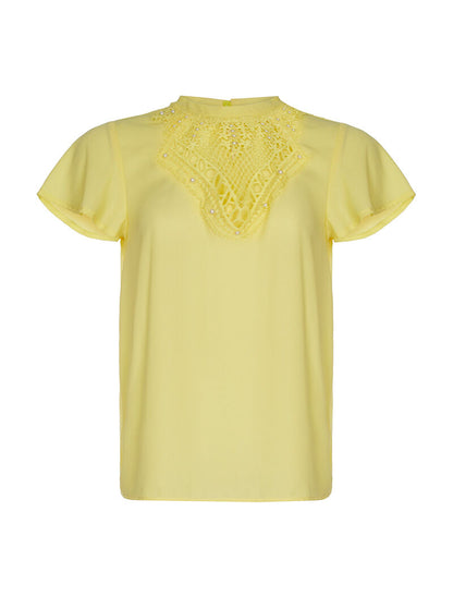 Top voile plastron dentelle - jaune - 3