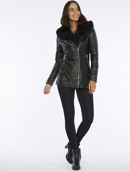 Blouson biker col fourrure - noir - 2